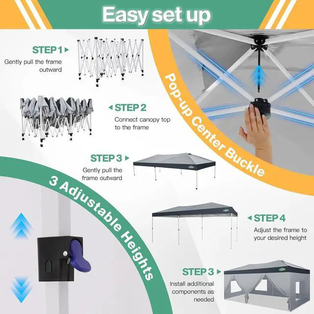 Alt view image 6 of 7 - 10x20 Pop Up Canopy Tent with Sidewalls, One Push Setup, Waterproof