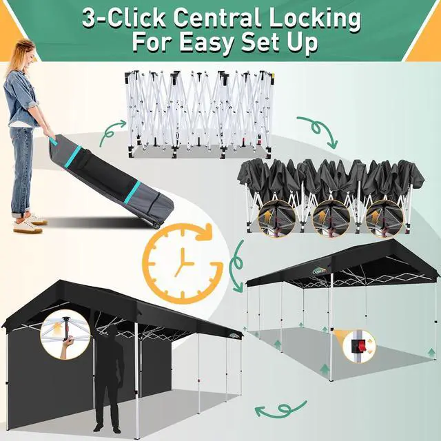 Alt view image 2 of 7 - Carport 10x30 Pop Up Canopy Car Tent with One Push Center Lock