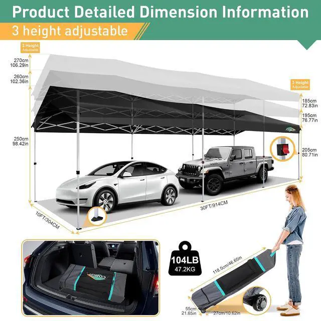 Alt view image 4 of 7 - Carport 10x30 Pop Up Canopy Car Tent with One Push Center Lock