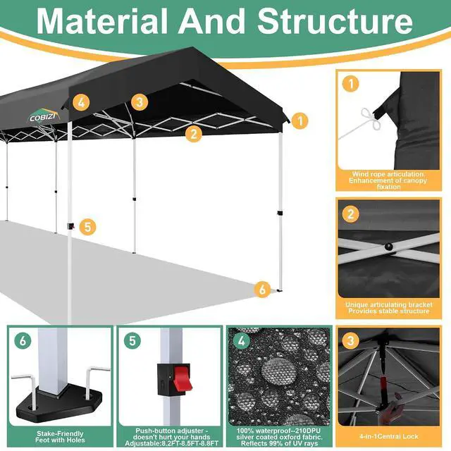 Alt view image 6 of 7 - Carport 10x30 Pop Up Canopy Car Tent with One Push Center Lock