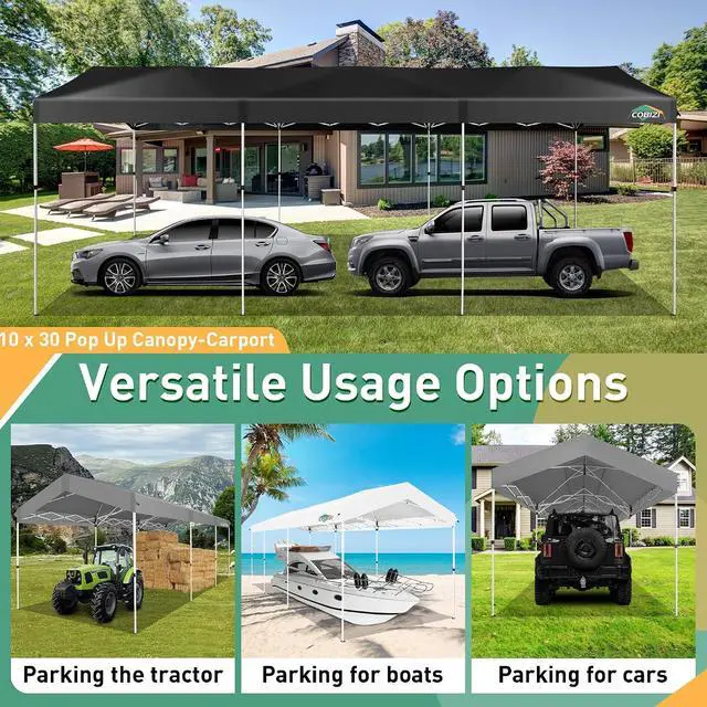 Alt view image 5 of 7 - Carport 10x30 Pop Up Canopy Car Tent with One Push Center Lock