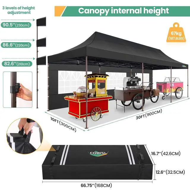 Alt view image 4 of 7 - 10x30 Pop Up Heavy Duty Canopy with 8 Sidewalls and Hexagonal Legs, Easy up Tent for Party, Wedding and Commercial, Outdoor Canopy with Carry Bag, Waterproof & UPF50+ (Black)