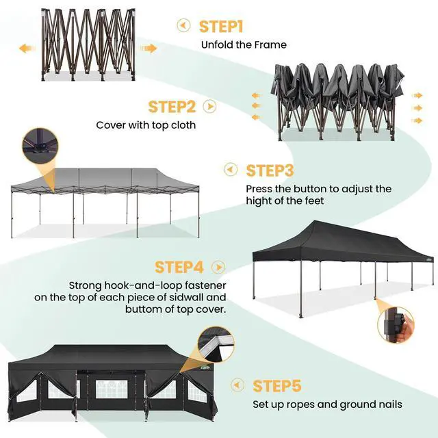 Alt view image 7 of 7 - 10x30 Pop Up Heavy Duty Canopy with 8 Sidewalls and Hexagonal Legs, Easy up Tent for Party, Wedding and Commercial, Outdoor Canopy with Carry Bag, Waterproof & UPF50+ (Black)