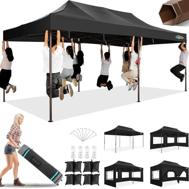 Main image of 10x20 Pop Up Heavy Duty Canopy with 6 Sidewalls and Hexagonal Legs, Easy up Tent for Party, Commercial and Wedding, Outdoor Canopy with Roller Bag, Sand Bags, Waterproof & UPF50+ (Black)