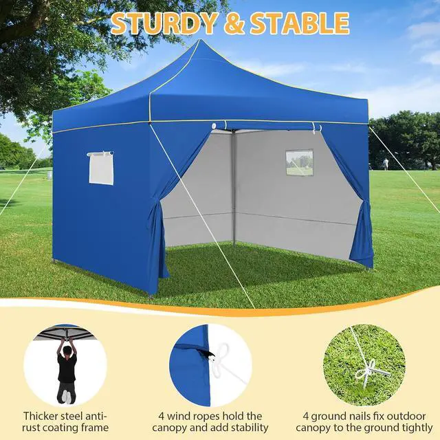 Alt view image 2 of 7 - 10x10 Heavy Duty Pop Up Canopy Tent with 4 Sidewalls, Easy Setup Outdoor Commercial Instant Tent for Parties Events Canopy with Carry Bag, Waterproof & UPF50+ (Blue)