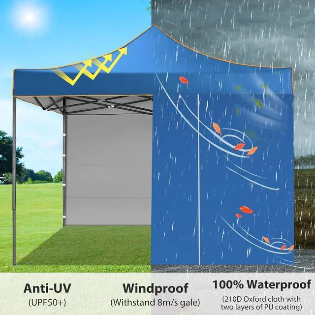 Alt view image 4 of 7 - 10x10 Heavy Duty Pop Up Canopy Tent with 4 Sidewalls, Easy Setup Outdoor Commercial Instant Tent for Parties Events Canopy with Carry Bag, Waterproof & UPF50+ (Blue)