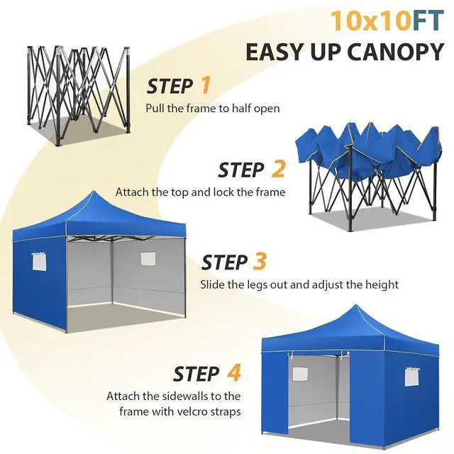 Alt view image 5 of 7 - 10x10 Heavy Duty Pop Up Canopy Tent with 4 Sidewalls, Easy Setup Outdoor Commercial Instant Tent for Parties Events Canopy with Carry Bag, Waterproof & UPF50+ (Blue)