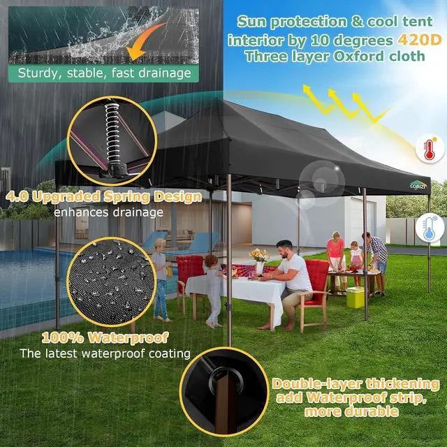 Alt view image 4 of 7 - 10x20 Pop Up Heavy Duty Canopy with Upgrated Hexagonal Legs, Easy up Tent for Party, Wedding and Commercial Event, Outdoor Canopy with Roller Bag, Sand Bags, Waterproof & UPF50+ (Black)