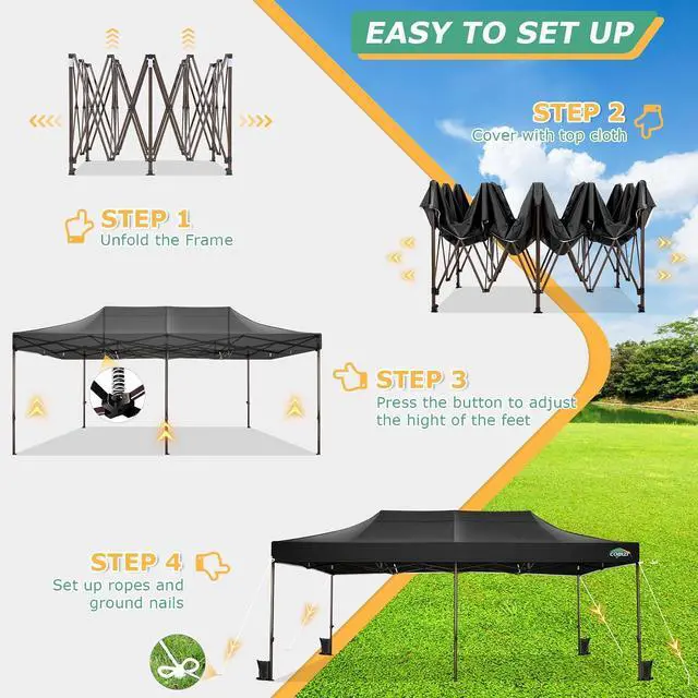 Alt view image 7 of 7 - 10x20 Pop Up Heavy Duty Canopy with Upgrated Hexagonal Legs, Easy up Tent for Party, Wedding and Commercial Event, Outdoor Canopy with Roller Bag, Sand Bags, Waterproof & UPF50+ (Black)
