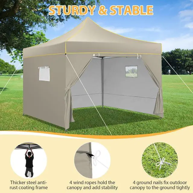 Alt view image 2 of 7 - 10x10 Pop Up Heavy Duty Canopy Tent with 4 Sidewalls, Easy Setup Outdoor Commercial Instant Tent for Parties Events Canopy with Portable Bag, Waterproof & UPF50+ (Khaki)
