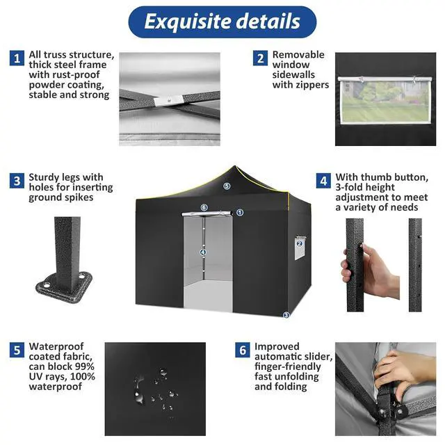Alt view image 4 of 7 - 10x10 Pop Up Heavy Duty Canopy Tent with 4 Sidewalls, Easy Setup Outdoor Commercial Instant Tent for Parties Events Canopy with Portable Bag, Waterproof & UPF50+ (Khaki)