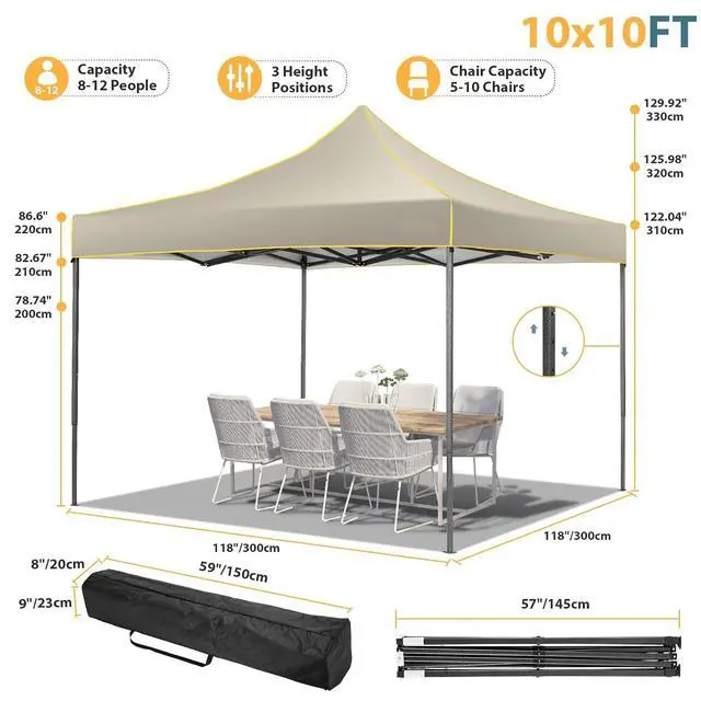 Alt view image 5 of 7 - 10x10 Pop Up Heavy Duty Canopy Tent with 4 Sidewalls, Easy Setup Outdoor Commercial Instant Tent for Parties Events Canopy with Portable Bag, Waterproof & UPF50+ (Khaki)