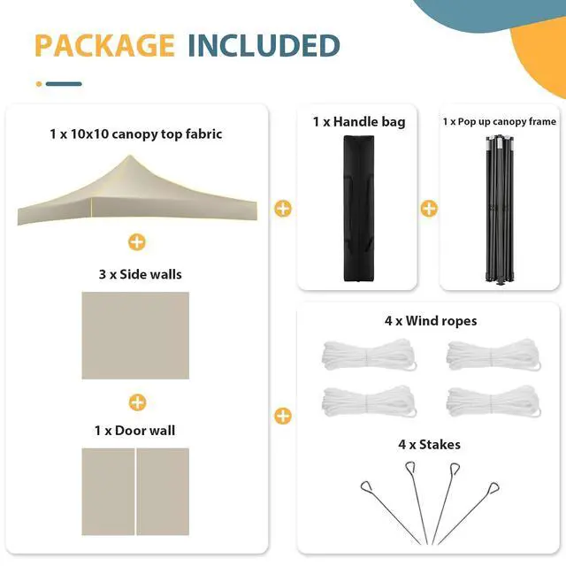 Alt view image 7 of 7 - 10x10 Pop Up Heavy Duty Canopy Tent with 4 Sidewalls, Easy Setup Outdoor Commercial Instant Tent for Parties Events Canopy with Portable Bag, Waterproof & UPF50+ (Khaki)