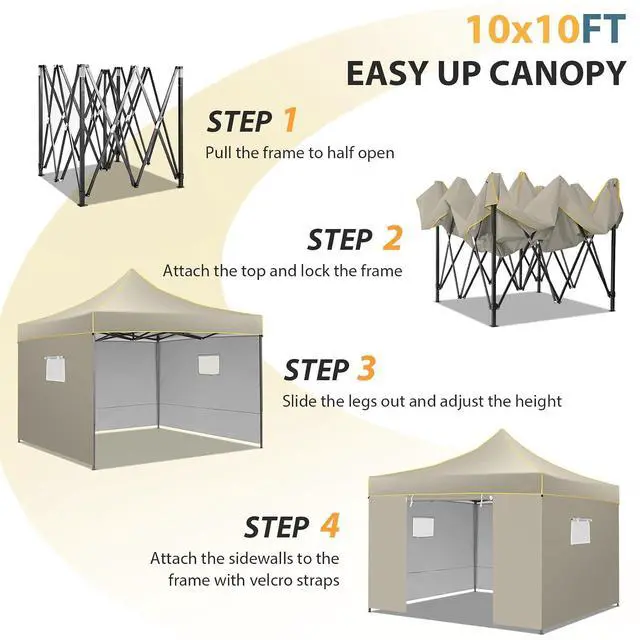 Alt view image 6 of 7 - 10x10 Pop Up Heavy Duty Canopy Tent with 4 Sidewalls, Easy Setup Outdoor Commercial Instant Tent for Parties Events Canopy with Portable Bag, Waterproof & UPF50+ (Khaki)