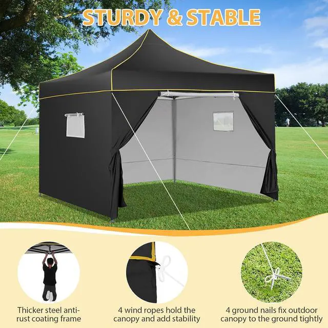 Alt view image 2 of 7 - 10x10 Pop Up Heavy Duty Canopy Tent with 4 Sidewalls, Easy Setup Outdoor Commercial Instant Tent for Parties Events Canopy with Portable Bag, Waterproof & UPF50+ (Black)
