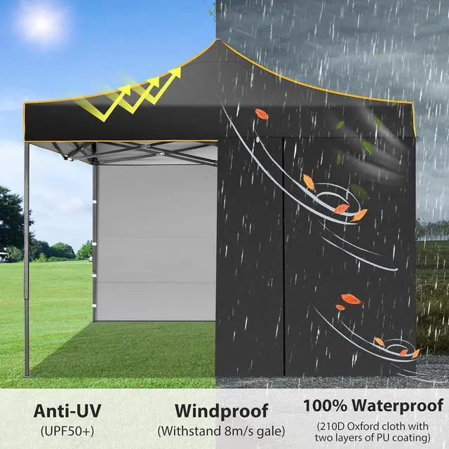 Alt view image 5 of 7 - 10x10 Pop Up Heavy Duty Canopy Tent with 4 Sidewalls, Easy Setup Outdoor Commercial Instant Tent for Parties Events Canopy with Portable Bag, Waterproof & UPF50+ (Black)