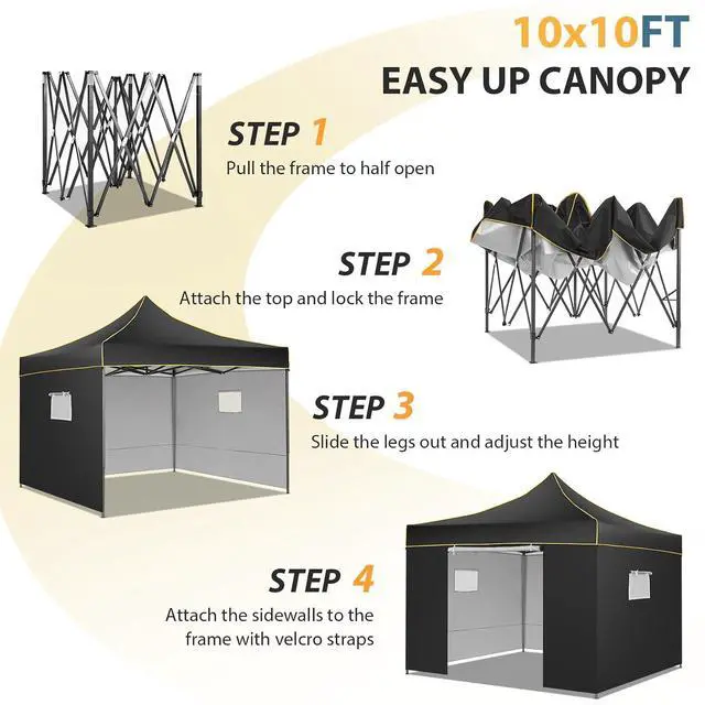 Alt view image 6 of 7 - 10x10 Pop Up Heavy Duty Canopy Tent with 4 Sidewalls, Easy Setup Outdoor Commercial Instant Tent for Parties Events Canopy with Portable Bag, Waterproof & UPF50+ (Black)