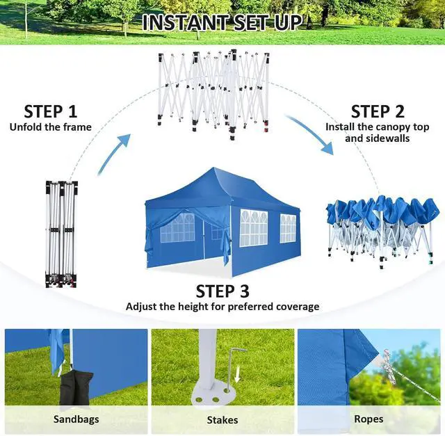 Alt view image 3 of 7 - Canopy 10x20 Pop Up Canopy Tent with Sidewalls, Waterproof Commercial Canopy Ez Outdoor Instant Gazebo UV Protection 50+ Event Shelter, Garden Tents for Parties with Sandbags, Ocean Blue