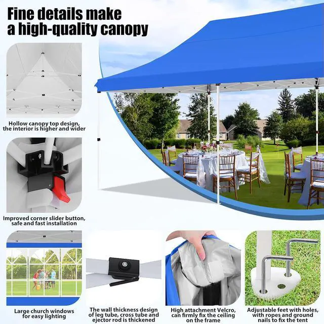 Alt view image 2 of 7 - Canopy 10x20 Pop Up Canopy Tent with Sidewalls, Waterproof Commercial Canopy Ez Outdoor Instant Gazebo UV Protection 50+ Event Shelter, Garden Tents for Parties with Sandbags, Ocean Blue