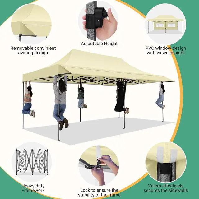 Alt view image 2 of 7 - 10x20 Pop Up Canopy Tent with Awning & Sidewalls, Heavy Duty Commercial 10X20 Canopy Tents Instant Waterproof, UPF 50+ Sun Shade for Outdoor, Parties, Markets (Khaki)
