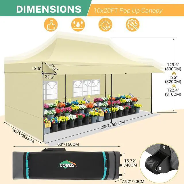 Alt view image 3 of 7 - 10x20 Pop Up Canopy Tent with Awning & Sidewalls, Heavy Duty Commercial 10X20 Canopy Tents Instant Waterproof, UPF 50+ Sun Shade for Outdoor, Parties, Markets (Khaki)