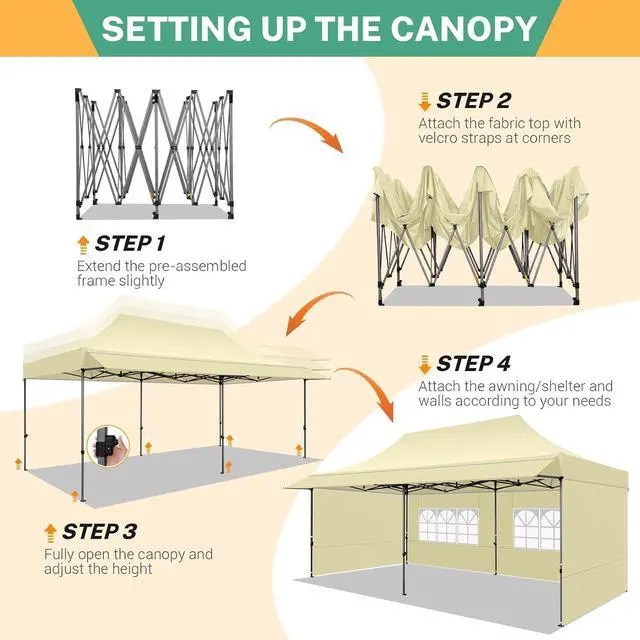 Alt view image 4 of 7 - 10x20 Pop Up Canopy Tent with Awning & Sidewalls, Heavy Duty Commercial 10X20 Canopy Tents Instant Waterproof, UPF 50+ Sun Shade for Outdoor, Parties, Markets (Khaki)