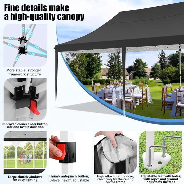 Alt view image 2 of 6 - 10x20 Pop Up Canopy with 6 Sidewall, Commercial Canopy UPF 50+ Waterproof Outdoor Gazebo with Carry Bag, Tents for Parties with Upgrade Frame, 3 Height Adjustable, Black
