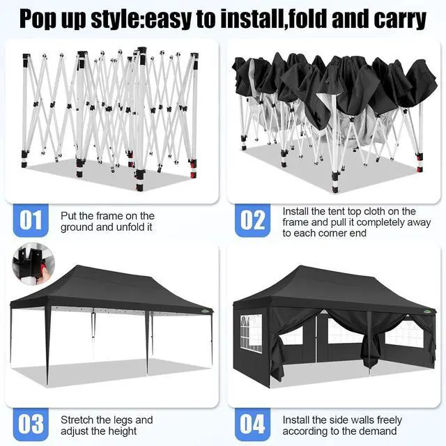 Alt view image 3 of 6 - 10x20 Pop Up Canopy with 6 Sidewall, Commercial Canopy UPF 50+ Waterproof Outdoor Gazebo with Carry Bag, Tents for Parties with Upgrade Frame, 3 Height Adjustable, Black