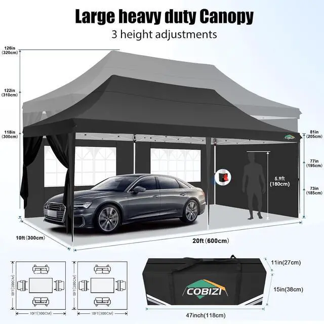Alt view image 5 of 6 - 10x20 Pop Up Canopy with 6 Sidewall, Commercial Canopy UPF 50+ Waterproof Outdoor Gazebo with Carry Bag, Tents for Parties with Upgrade Frame, 3 Height Adjustable, Black