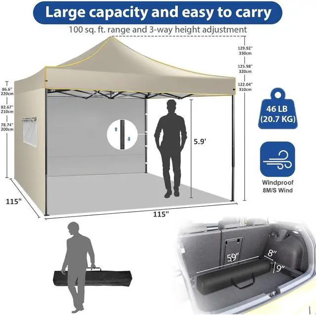 Alt view image 2 of 7 - 10x10 Heavy Duty Pop up Canopy with 4 Removable Sidewalls, Canopy Tent with Portable Bag, Pop up Tent Commercial Gazebo Waterproof Sunshade for All Weather Party Camp Stall Patio,Khaki