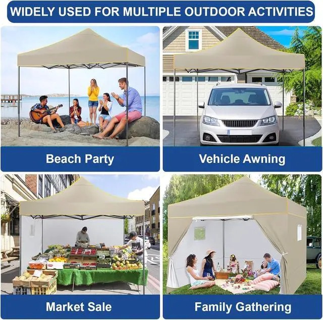 Alt view image 3 of 7 - 10x10 Heavy Duty Pop up Canopy with 4 Removable Sidewalls, Canopy Tent with Portable Bag, Pop up Tent Commercial Gazebo Waterproof Sunshade for All Weather Party Camp Stall Patio,Khaki