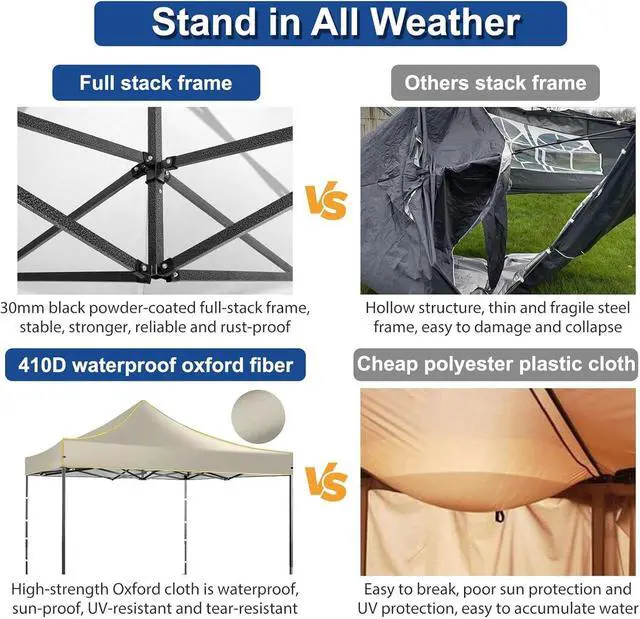 Alt view image 4 of 7 - 10x10 Heavy Duty Pop up Canopy with 4 Removable Sidewalls, Canopy Tent with Portable Bag, Pop up Tent Commercial Gazebo Waterproof Sunshade for All Weather Party Camp Stall Patio,Khaki