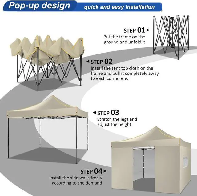 Alt view image 5 of 7 - 10x10 Heavy Duty Pop up Canopy with 4 Removable Sidewalls, Canopy Tent with Portable Bag, Pop up Tent Commercial Gazebo Waterproof Sunshade for All Weather Party Camp Stall Patio,Khaki