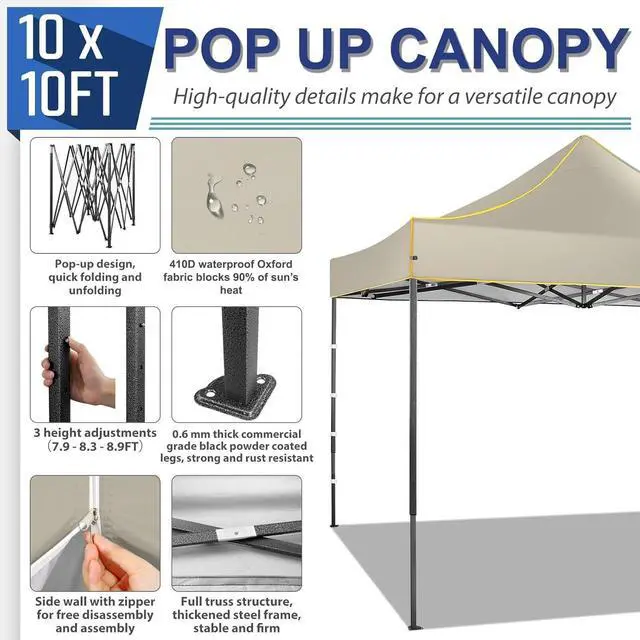 Alt view image 6 of 7 - 10x10 Heavy Duty Pop up Canopy with 4 Removable Sidewalls, Canopy Tent with Portable Bag, Pop up Tent Commercial Gazebo Waterproof Sunshade for All Weather Party Camp Stall Patio,Khaki