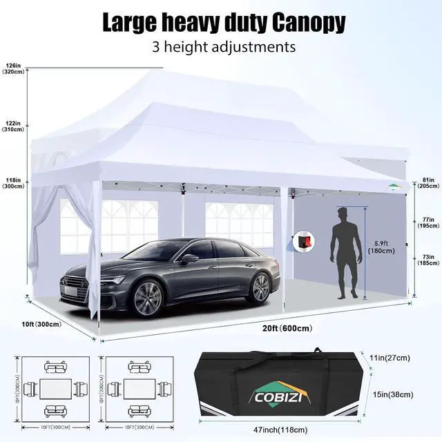 Alt view image 2 of 6 - 10x20 Pop Up Canopy with 6 Sidewall, Commercial Canopy UPF 50+ Waterproof Outdoor Gazebo with Carry Bag, Tents for Parties with Upgrade Frame, 3 Height Adjustable, Arctic White