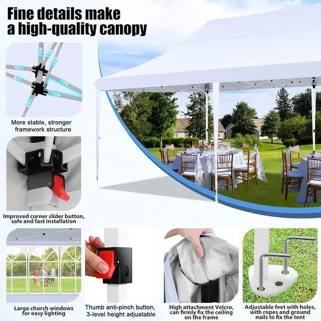 Alt view image 3 of 6 - 10x20 Pop Up Canopy with 6 Sidewall, Commercial Canopy UPF 50+ Waterproof Outdoor Gazebo with Carry Bag, Tents for Parties with Upgrade Frame, 3 Height Adjustable, Arctic White