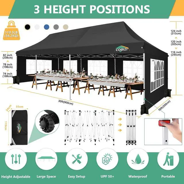 Alt view image 2 of 7 - 10x30 Pop Up Canopy with 8 Removable Sidewalls Party Tents for Parties Wedding Patio Commercial Waterproof and UV50+ Ez Outdoor Instant Gazebo with Roller Bag & 4 SandbagsMatte Black