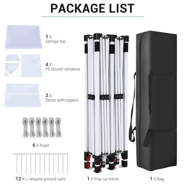 Alt view image 6 of 6 - 10x20 Pop Up Canopy with 6 Sidewall, Commercial Canopy UPF 50+ Waterproof Outdoor Gazebo with Carry Bag, Tents for Parties with Upgrade Frame, 3 Height Adjustable, Arctic White