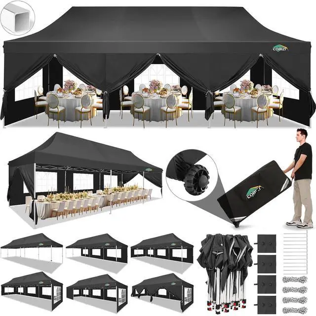Main image of 10x30 Pop Up Canopy with 8 Removable Sidewalls Party Tents for Parties Wedding Patio Commercial Waterproof and UV50+ Ez Outdoor Instant Gazebo with Roller Bag & 4 SandbagsMatte Black