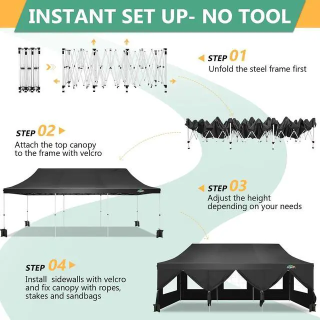 Alt view image 3 of 7 - 10x30 Pop Up Canopy with 8 Removable Sidewalls Party Tents for Parties Wedding Patio Commercial Waterproof and UV50+ Ez Outdoor Instant Gazebo with Roller Bag & 4 SandbagsMatte Black