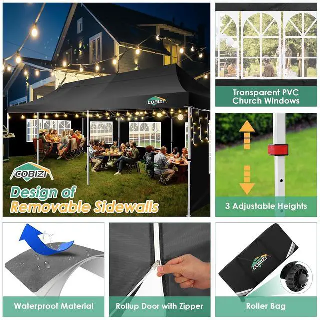 Alt view image 4 of 7 - 10x30 Pop Up Canopy with 8 Removable Sidewalls Party Tents for Parties Wedding Patio Commercial Waterproof and UV50+ Ez Outdoor Instant Gazebo with Roller Bag & 4 SandbagsMatte Black