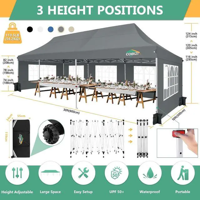 Alt view image 2 of 7 - 10x30 Pop Up Canopy with 8 Removable Sidewalls Party Tents for Parties Wedding Patio Commercial Waterproof and UV50+ Ez Outdoor Instant Gazebo with Roller Bag & 4 SandbagsSlate Grey