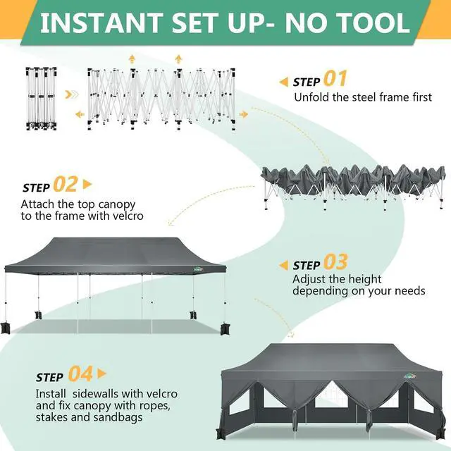 Alt view image 3 of 7 - 10x30 Pop Up Canopy with 8 Removable Sidewalls Party Tents for Parties Wedding Patio Commercial Waterproof and UV50+ Ez Outdoor Instant Gazebo with Roller Bag & 4 SandbagsSlate Grey