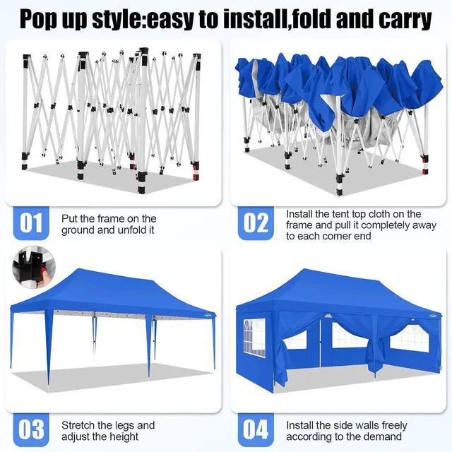 Alt view image 3 of 6 - 10x20 Pop Up Canopy with 6 Sidewall, Commercial Canopy UPF 50+ Waterproof Outdoor Gazebo with Carry Bag, Tents for Parties with Upgrade Frame, 3 Height Adjustable, Sky Blue