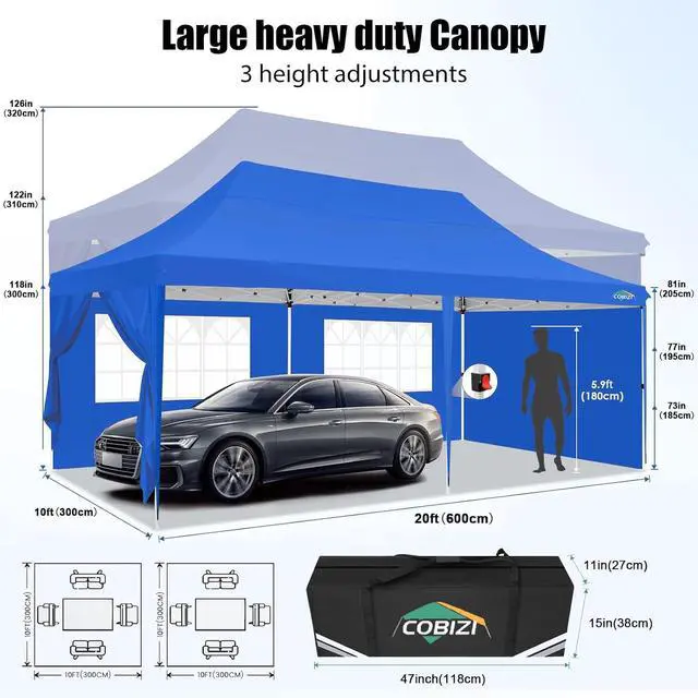 Alt view image 5 of 6 - 10x20 Pop Up Canopy with 6 Sidewall, Commercial Canopy UPF 50+ Waterproof Outdoor Gazebo with Carry Bag, Tents for Parties with Upgrade Frame, 3 Height Adjustable, Sky Blue