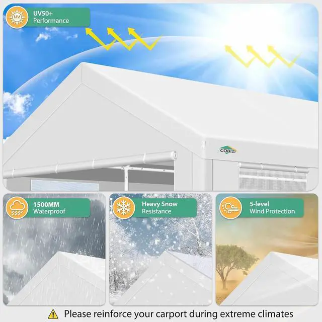 Alt view image 4 of 7 - Car Ports 12x20 Heavy Duty Portable Garage, Upgraded Car Canopy with Removable Sidewalls, Ventilated Windows & Built-in Sandbags, Waterproof All-Season Tarp, Car Tent for Truck, Boat, White