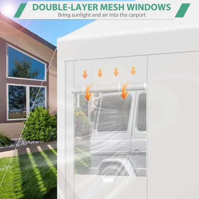 Alt view image 5 of 7 - Car Ports 12x20 Heavy Duty Portable Garage, Upgraded Car Canopy with Removable Sidewalls, Ventilated Windows & Built-in Sandbags, Waterproof All-Season Tarp, Car Tent for Truck, Boat, White