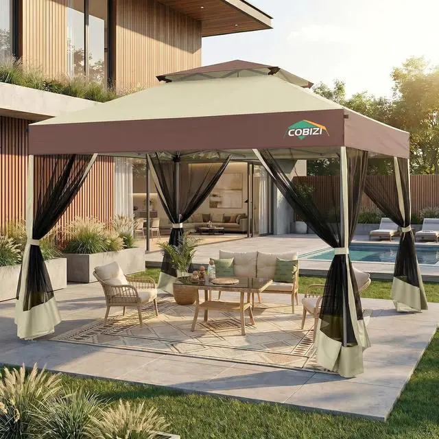 Main image of 10x10 Pop Up Gazebo with Mosquito Netting, Double Roof, Khaki&Brown