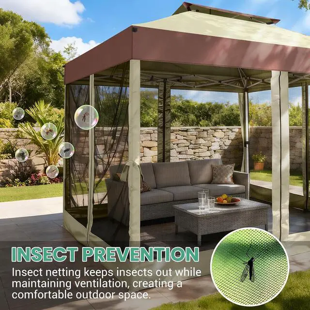 Alt view image 2 of 7 - 10x10 Pop Up Gazebo with Mosquito Netting, Double Roof, Khaki&Brown