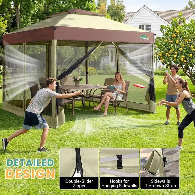 Alt view image 3 of 7 - 10x10 Pop Up Gazebo with Mosquito Netting, Double Roof, Khaki&Brown